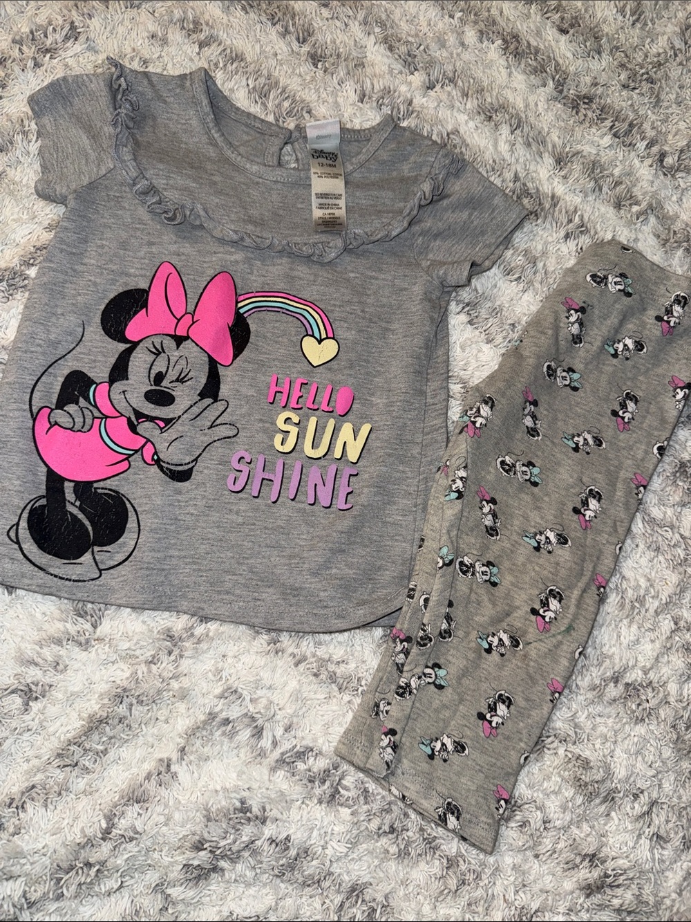 12-18m vintage Disney Minnie Mouse Grey "Hello Sunshine" Kids Pajama Set